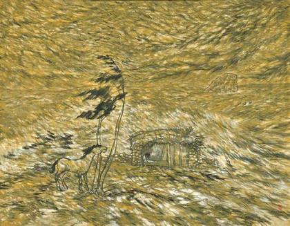 변시지 〈폭풍〉 1990, 91×73cm — 황토빛 하늘 아래 휘어진 초가와 말